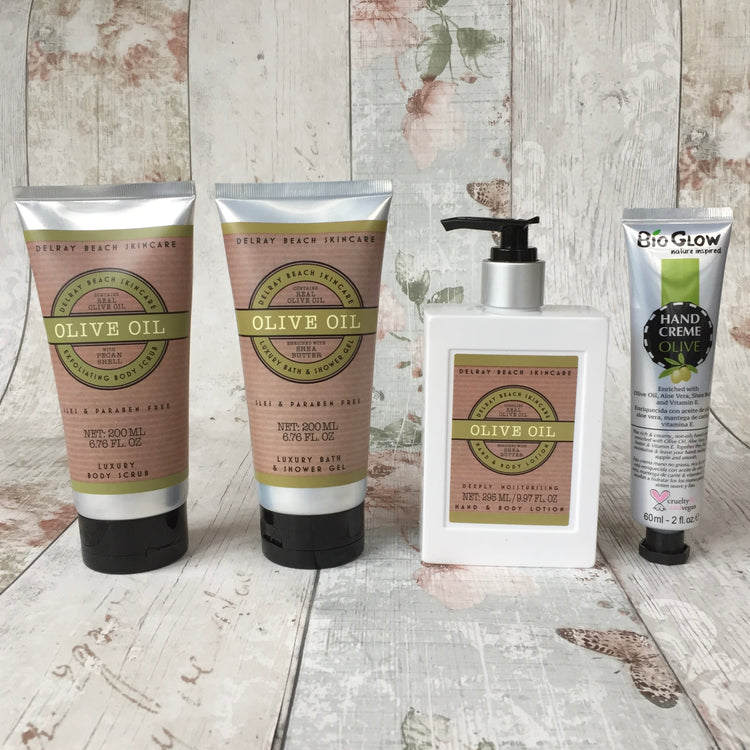 Olive Oil Body Scrub, Bath and Shower Gel, Hand and Body Lotion, and Hand Cream