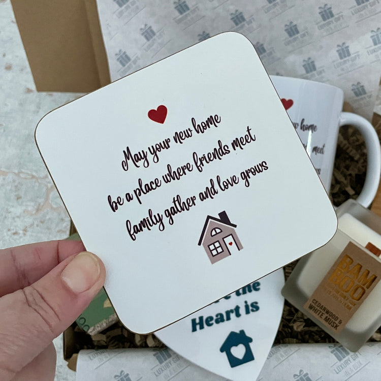 New Home message cork-backed printed coaster 
