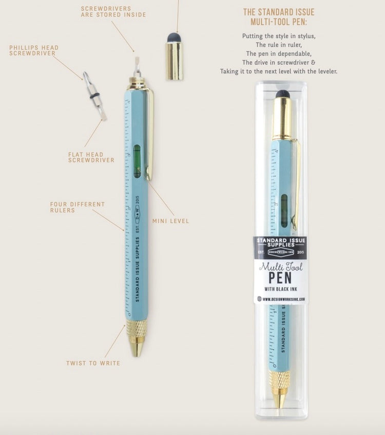 Gold and Blue Multi-tool Pen information graphic