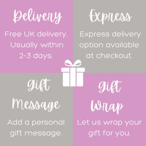 Luxury Gift in a Box USPs graphic: free fast UK delivery, express delivery option, add a gift message, gift wrap option